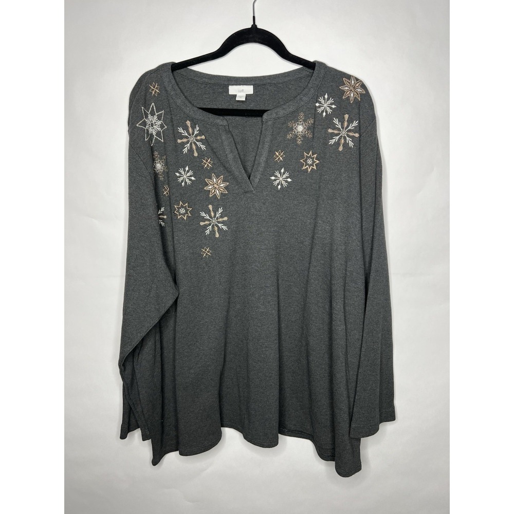 J Jill Top Womens 4X Gray Snowflake Embroidered Cotton Waffle Knit Shirt Plus
